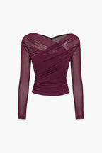 Women's Sheer Mesh Long Sleeve Wrap Top Burgundy Stretchy Ruched Blouse — Image 4
