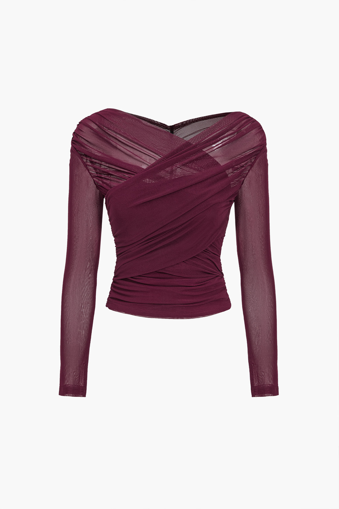 Women's Sheer Mesh Long Sleeve Wrap Top Burgundy Stretchy Ruched Blouse — Image 4