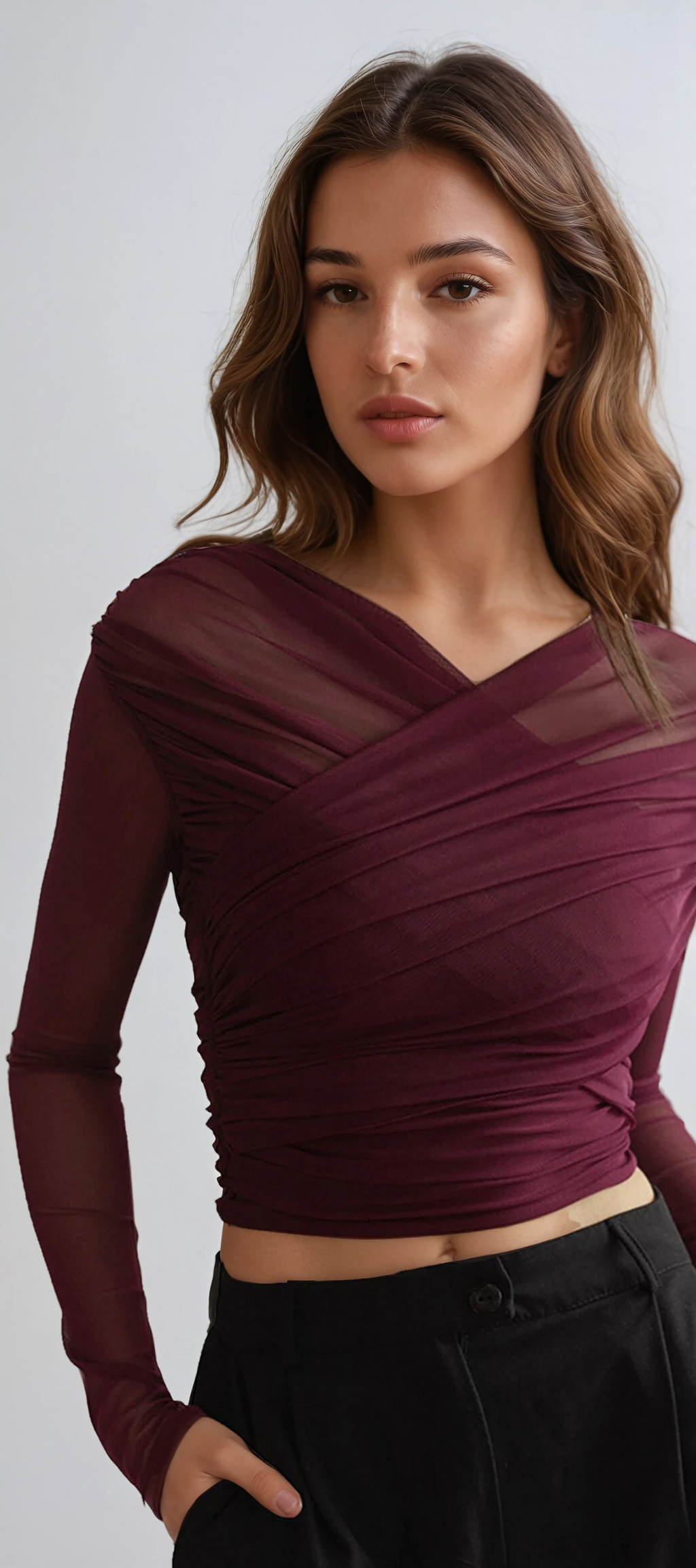 Women's Sheer Mesh Long Sleeve Wrap Top Burgundy Stretchy Ruched Blouse — Main Image