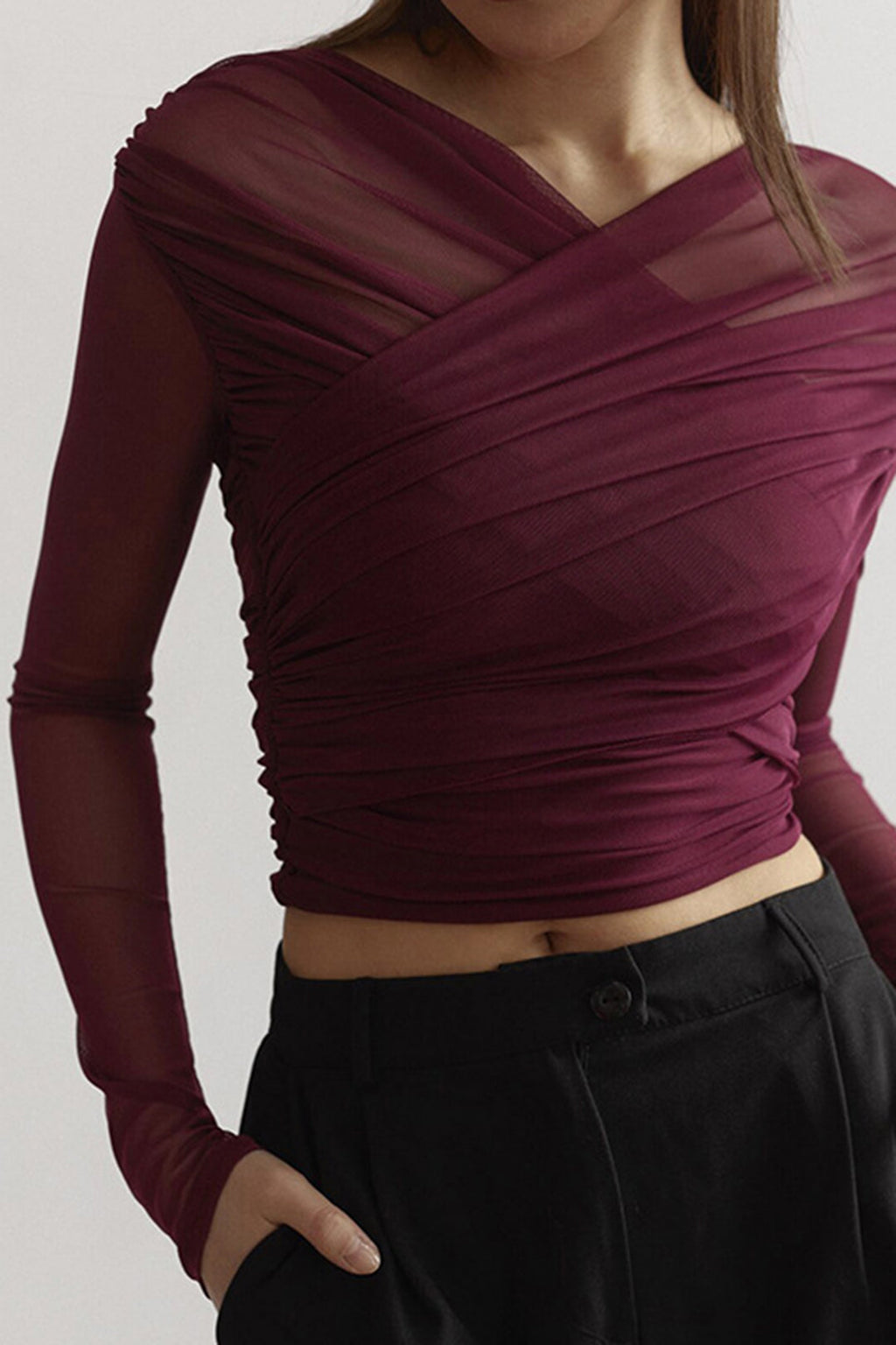 Women's Sheer Mesh Long Sleeve Wrap Top Burgundy Stretchy Ruched Blouse — Image 2