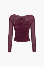 Women's Sheer Mesh Long Sleeve Wrap Top Burgundy Stretchy Ruched Blouse — Image 5