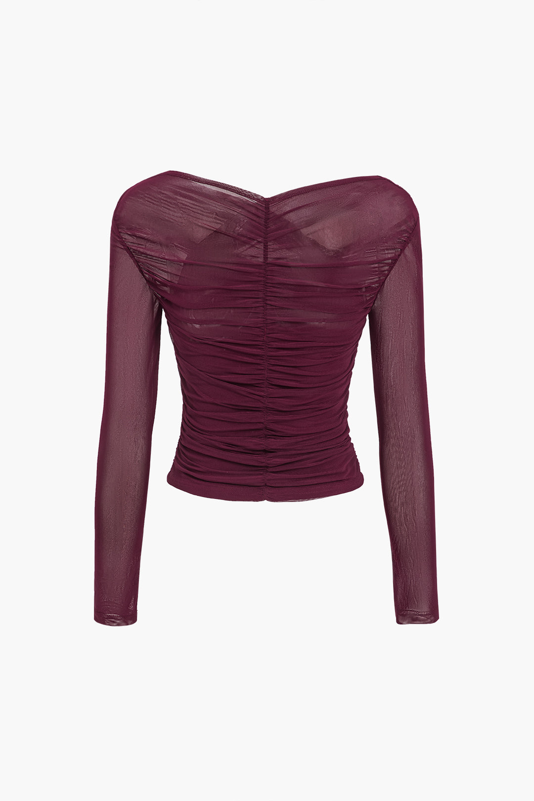 Women's Sheer Mesh Long Sleeve Wrap Top Burgundy Stretchy Ruched Blouse — Image 5
