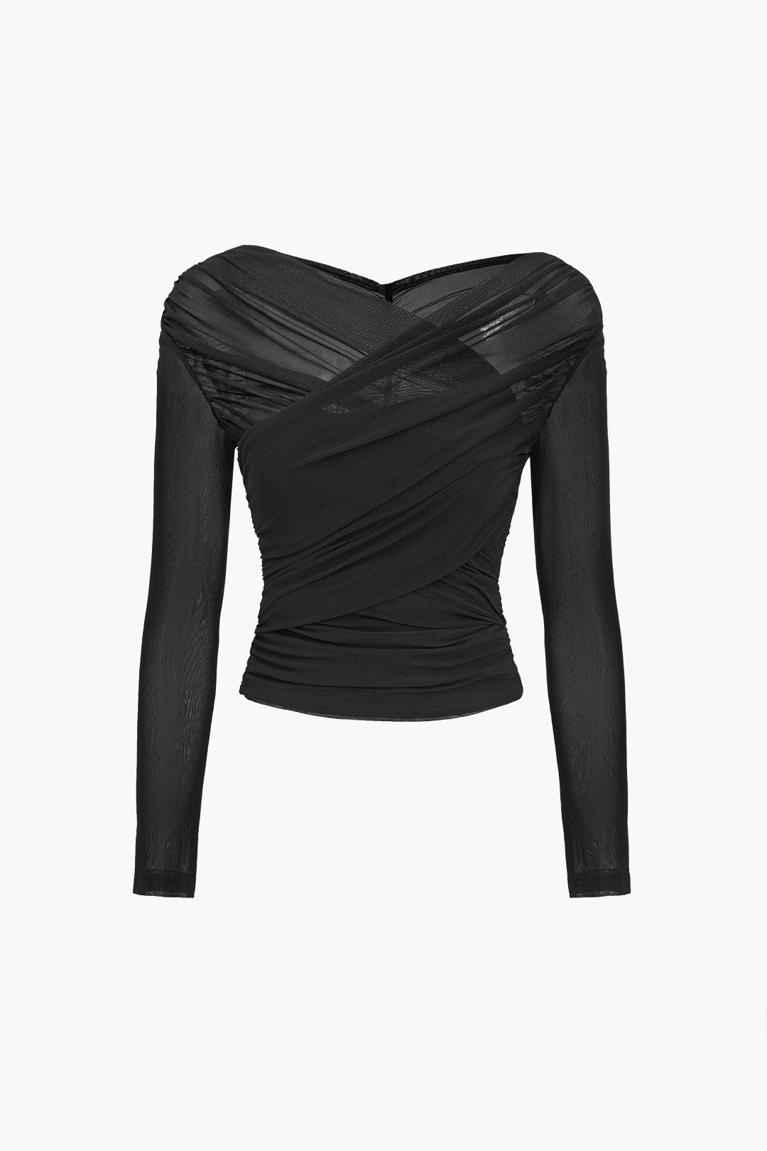 Women's Sheer Mesh Long Sleeve Wrap Top Burgundy Stretchy Ruched Blouse — Image 7