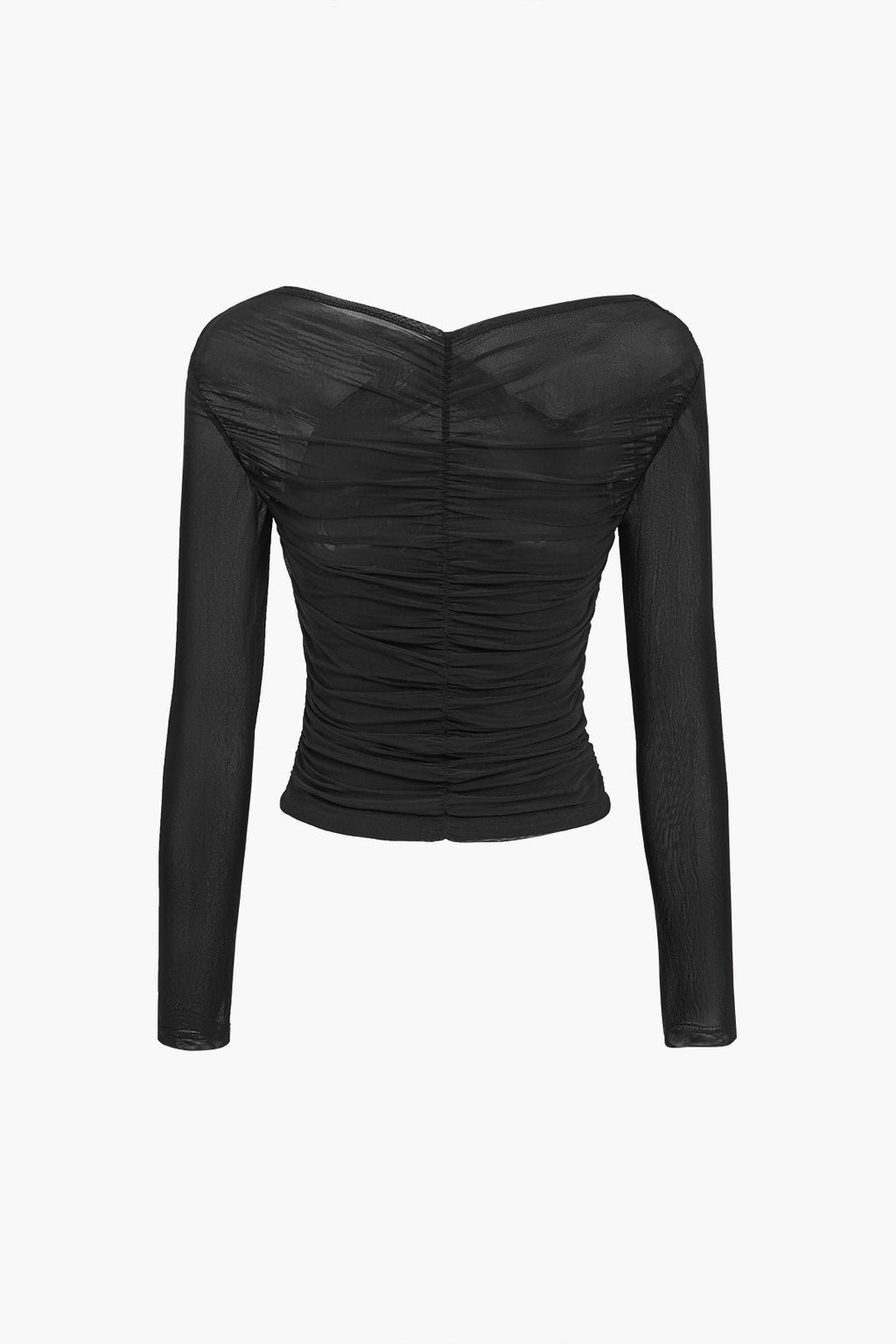 Women's Sheer Mesh Long Sleeve Wrap Top Burgundy Stretchy Ruched Blouse — Image 8
