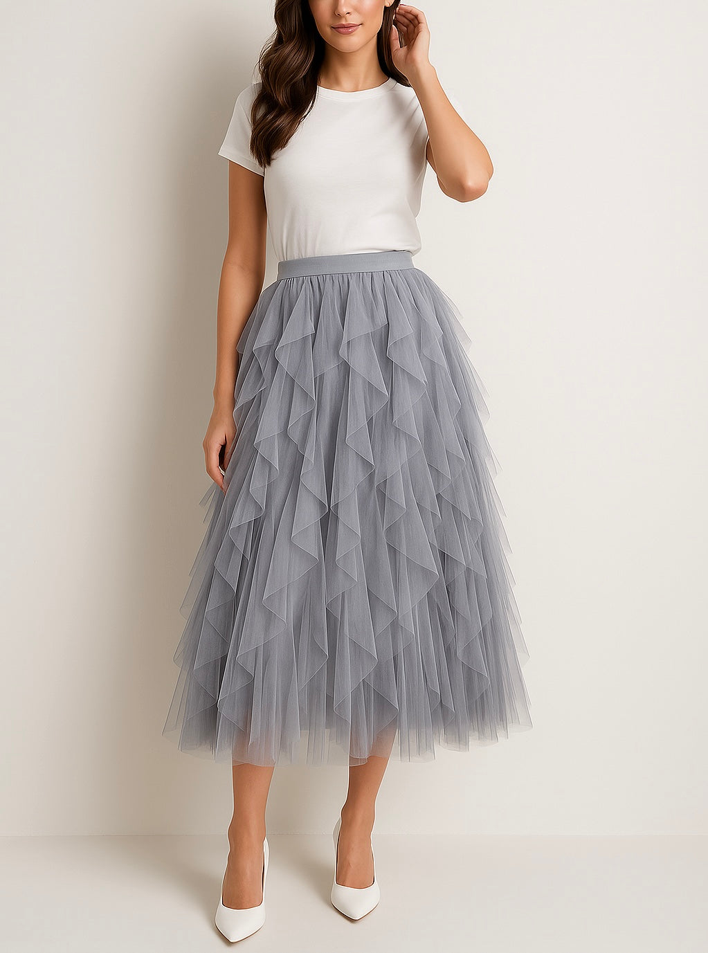 Chic Women's Tulle Midi Skirt A-Line High Waist Layered Ruffle Design - Black, White, Pink, Gray, Brown — Image 4