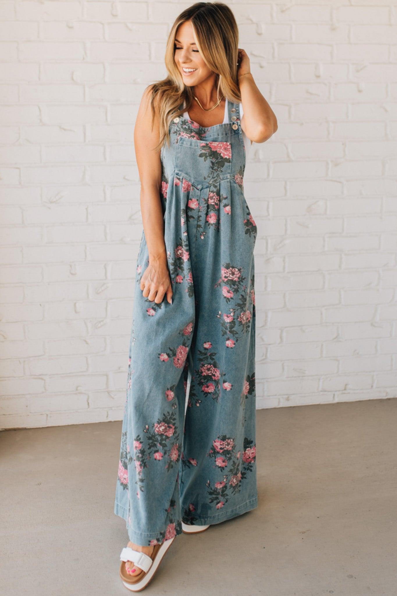 Women's Floral Denim Overalls Wide-Leg Jumpsuit with Pockets Blue — Image 3