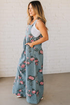 Women's Floral Denim Overalls Wide-Leg Jumpsuit with Pockets Blue — Image 5
