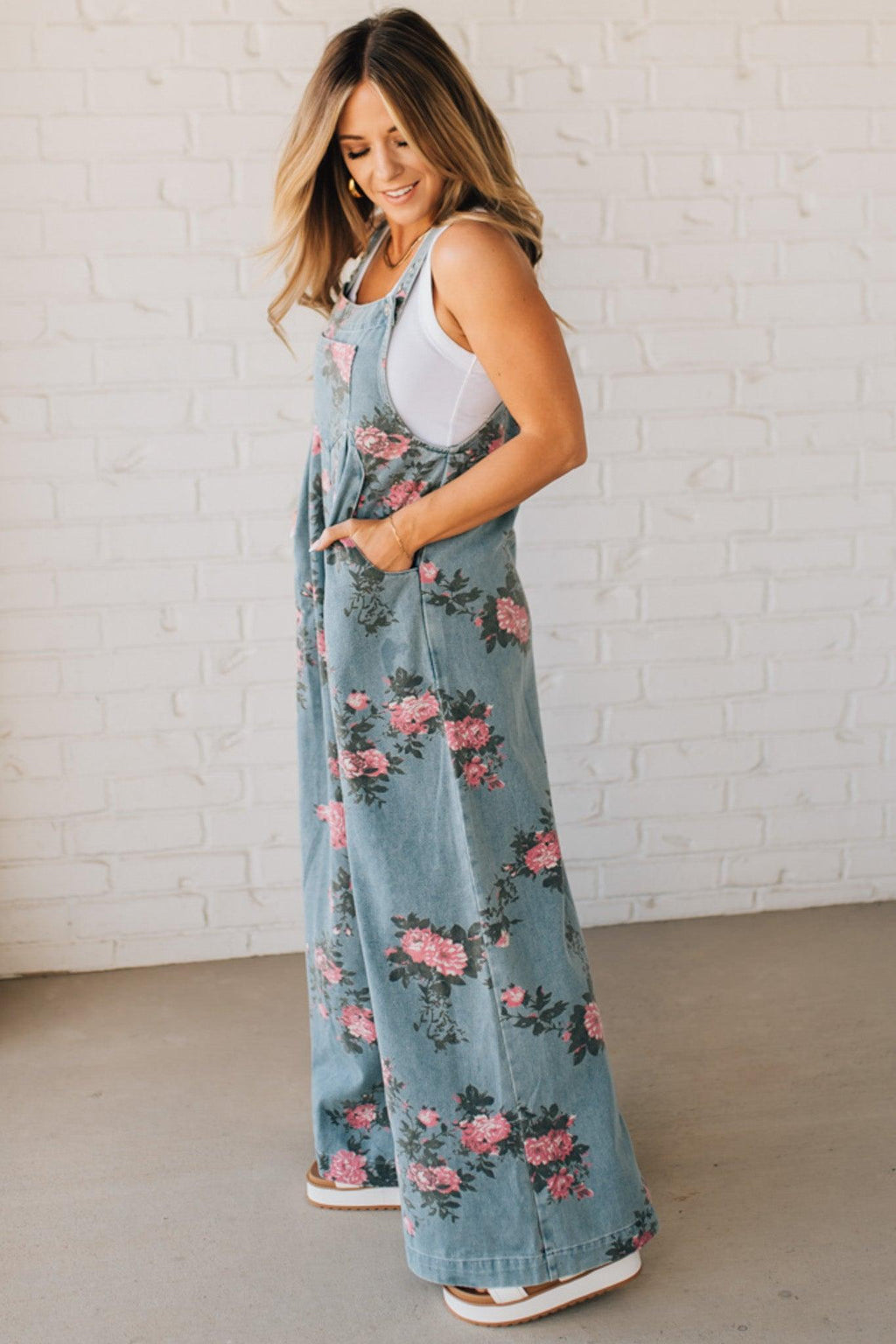 Women's Floral Denim Overalls Wide-Leg Jumpsuit with Pockets Blue — Image 8