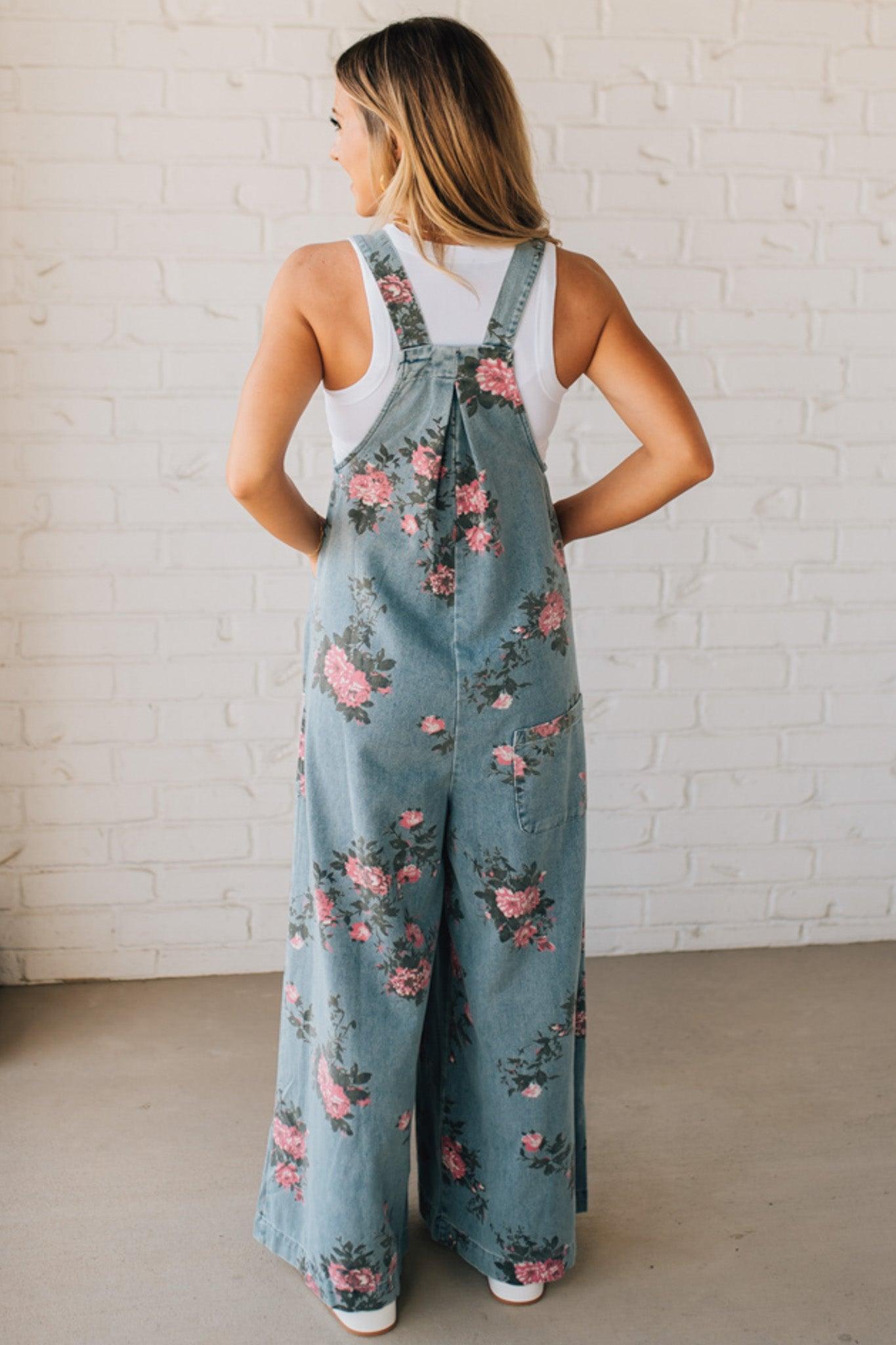 Women's Floral Denim Overalls Wide-Leg Jumpsuit with Pockets Blue — Image 4