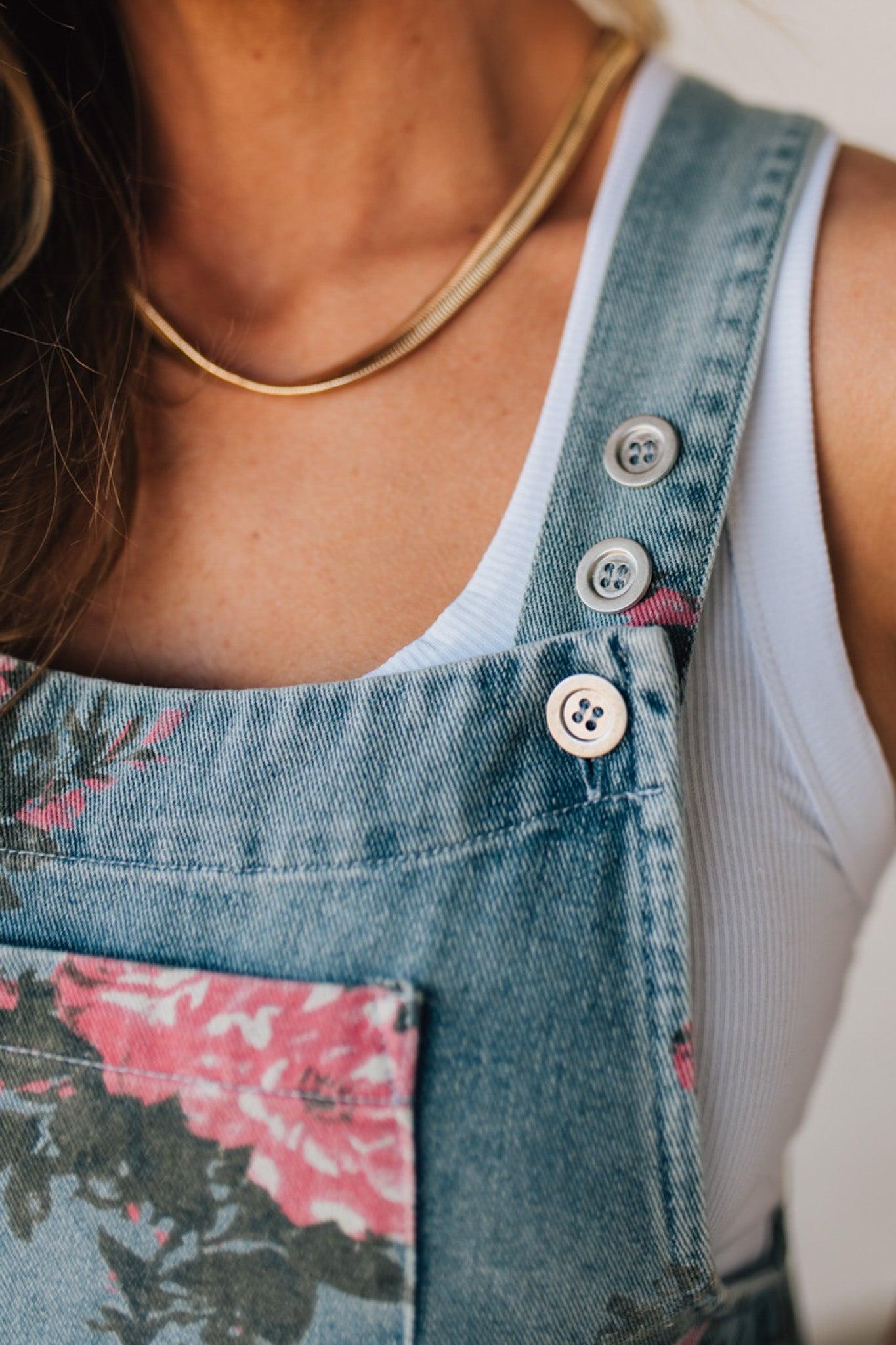 Women's Floral Denim Overalls Wide-Leg Jumpsuit with Pockets Blue — Image 2