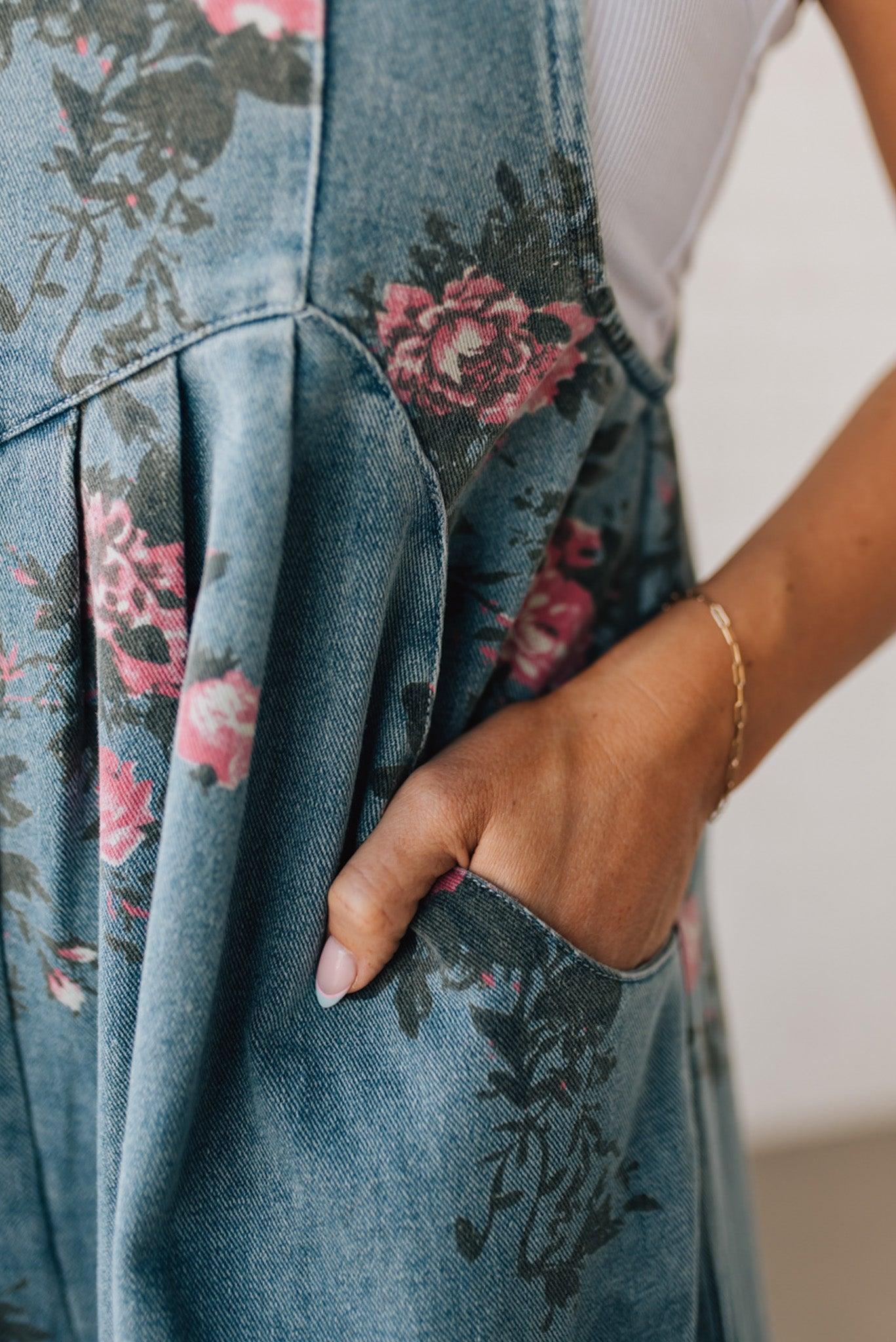 Women's Floral Denim Overalls Wide-Leg Jumpsuit with Pockets Blue — Image 7