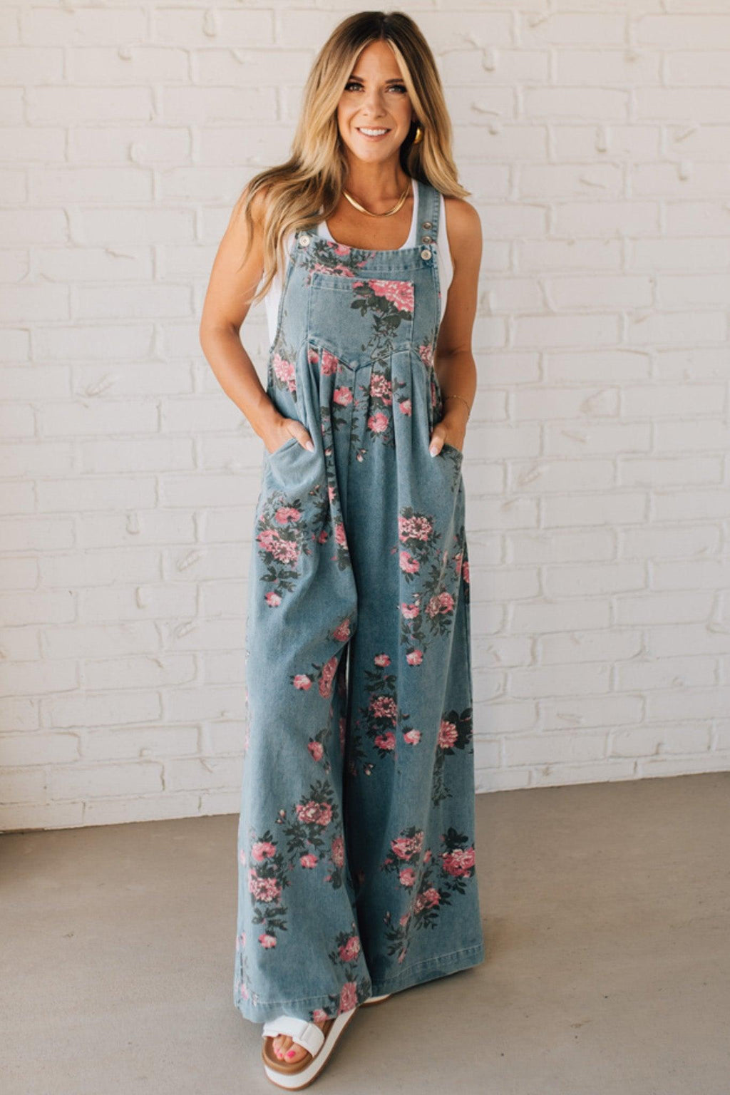Women's Floral Denim Overalls Wide-Leg Jumpsuit with Pockets Blue — Image 6