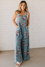 Women's Floral Denim Overalls Wide-Leg Jumpsuit with Pockets Blue — Image 6