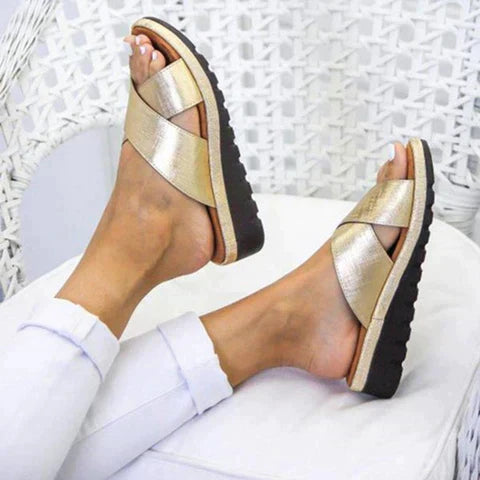 Women's Cross-Strap Slip-On Sandals - Metallic, Green, Black - Comfortable & Trendy — Image 2