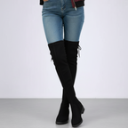 Women's Black Over-the-Knee Suede Boots with Block Heel and Tie Back — Main Image