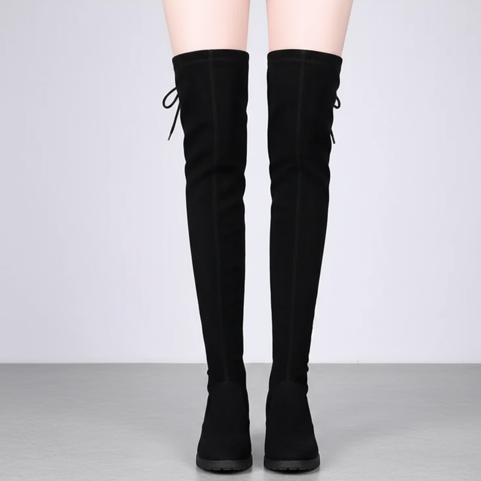 Women's Black Over-the-Knee Suede Boots with Block Heel and Tie Back — Image 2