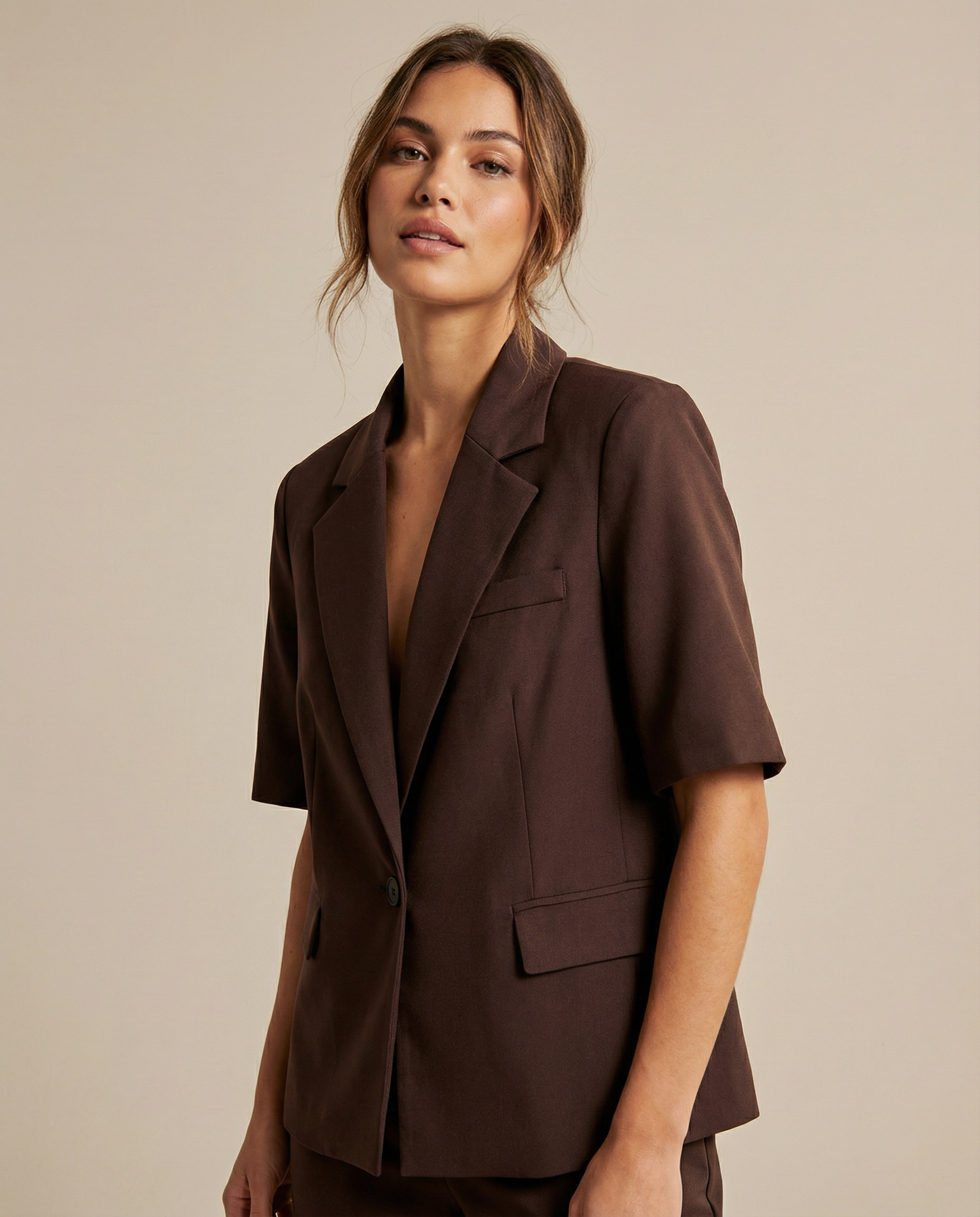 Women's Short Sleeve Blazer Jacket Brown Tailored Fit Lightweight Business Casual — Main Image