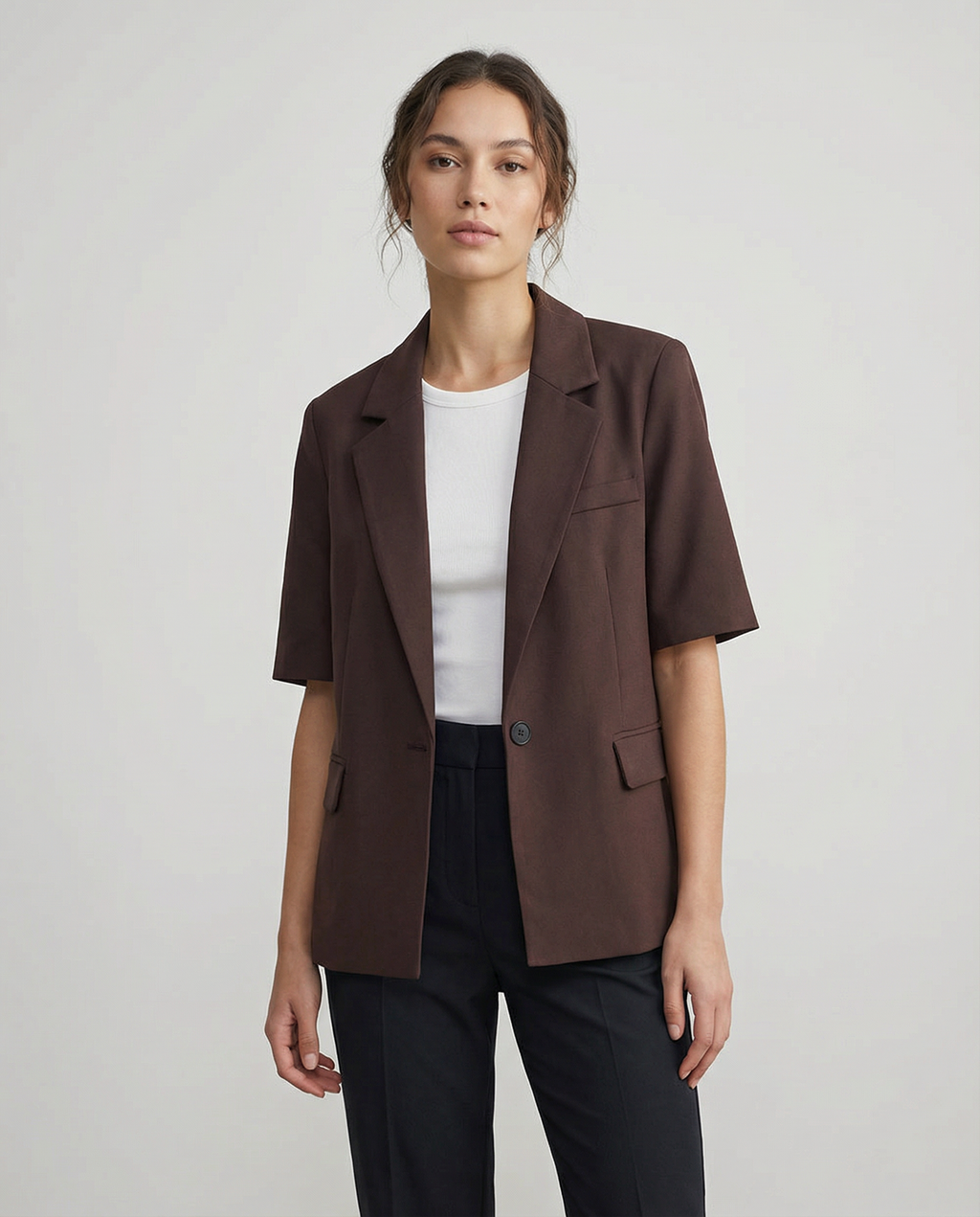 Women's Short Sleeve Blazer Jacket Brown Tailored Fit Lightweight Business Casual — Image 4
