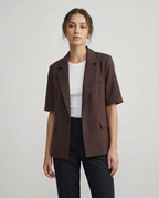Women's Short Sleeve Blazer Jacket Brown Tailored Fit Lightweight Business Casual — Image 4