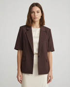 Women's Short Sleeve Blazer Jacket Brown Tailored Fit Lightweight Business Casual — Image 3