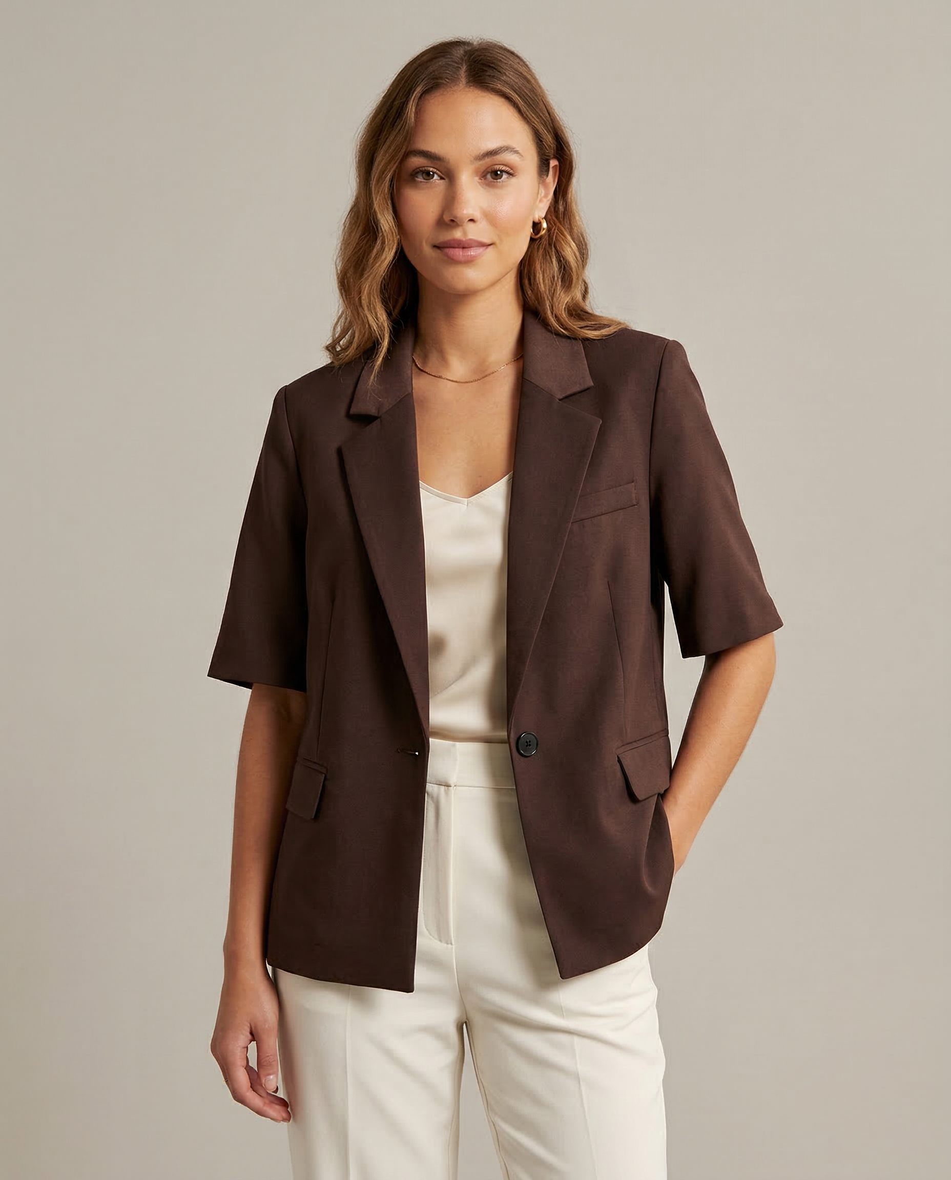 Women's Short Sleeve Blazer Jacket Brown Tailored Fit Lightweight Business Casual — Image 2