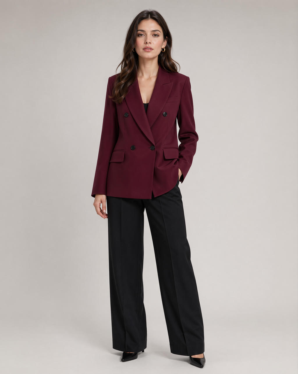 Women's Double-Breasted Blazer Burgundy Polyester Tailored Fit Notched Lapel Office Jacket — Image 2