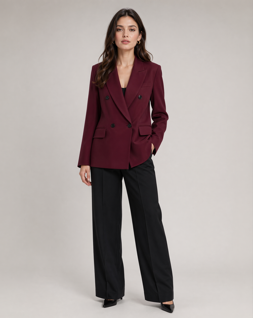 Women's Double-Breasted Blazer Burgundy Polyester Tailored Fit Notched Lapel Office Jacket — Image 2