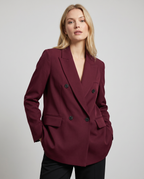 Women's Double-Breasted Blazer Burgundy Polyester Tailored Fit Notched Lapel Office Jacket — Main Image