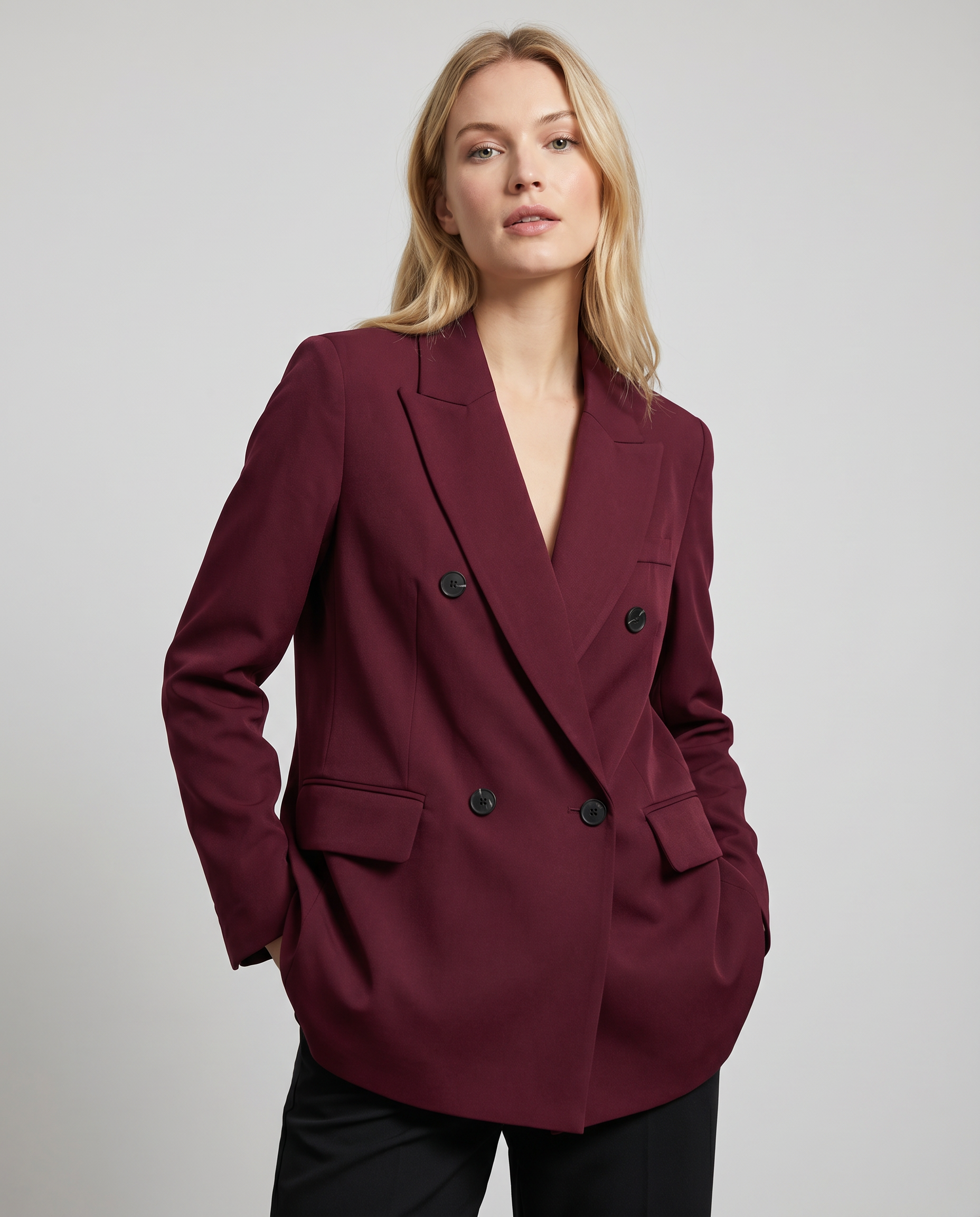 Women's Double-Breasted Blazer Burgundy Polyester Tailored Fit Notched Lapel Office Jacket — Main Image