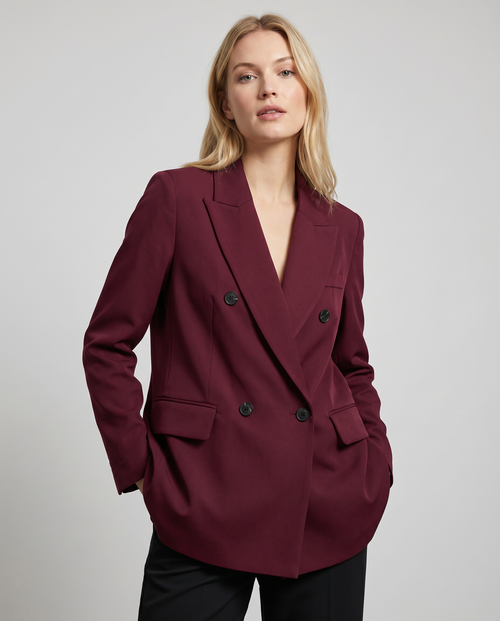 Women's Double-Breasted Blazer Burgundy Polyester Tailored Fit Notched Lapel Office Jacket — Main Image