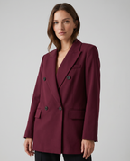 Women's Double-Breasted Blazer Burgundy Polyester Tailored Fit Notched Lapel Office Jacket — Image 3