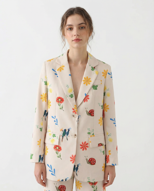 Floral Print Women's Blazer Cotton Blend Lightweight Tailored Jacket Beige — Image 2