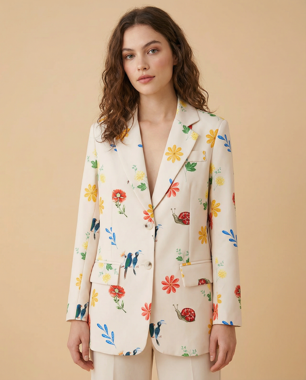 Floral Print Women's Blazer Cotton Blend Lightweight Tailored Jacket Beige — Image 3
