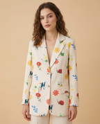 Floral Print Women's Blazer Cotton Blend Lightweight Tailored Jacket Beige — Image 3