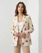 Floral Print Women's Blazer Cotton Blend Lightweight Tailored Jacket Beige — Main Image