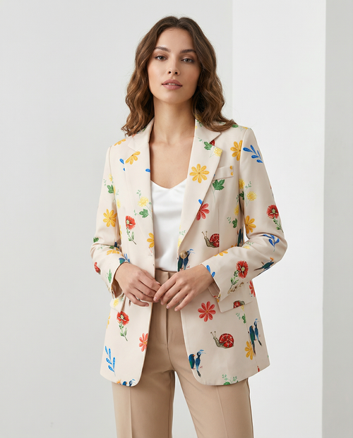 Floral Print Women's Blazer Cotton Blend Lightweight Tailored Jacket Beige — Main Image