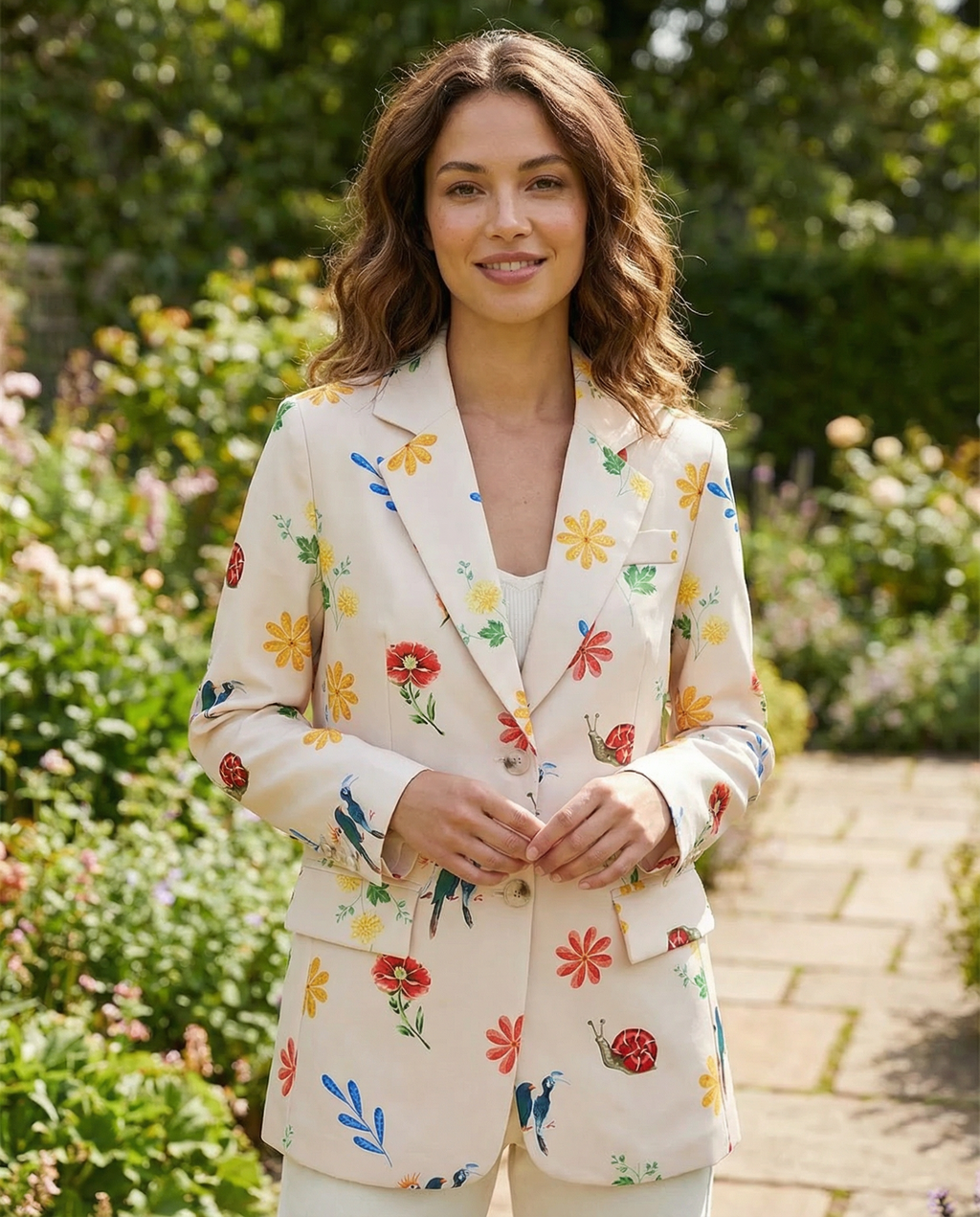 Floral Print Women's Blazer Cotton Blend Lightweight Tailored Jacket Beige — Image 4