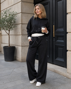 Women's Lounge Set Black Cotton Blend Hoodie Wide Leg Pants Relaxed Fit — Image 3