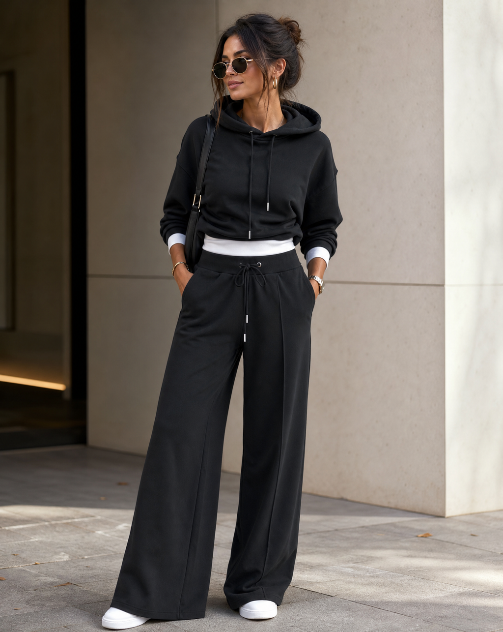 Women's Lounge Set Black Cotton Blend Hoodie Wide Leg Pants Relaxed Fit — Image 4