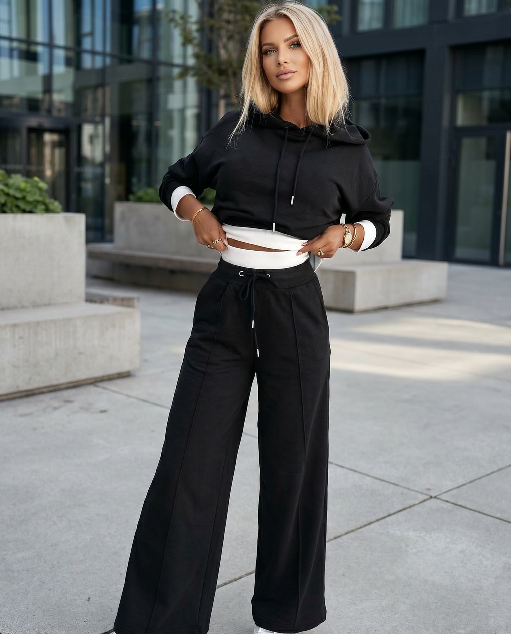Women's Lounge Set Black Cotton Blend Hoodie Wide Leg Pants Relaxed Fit — Image 2