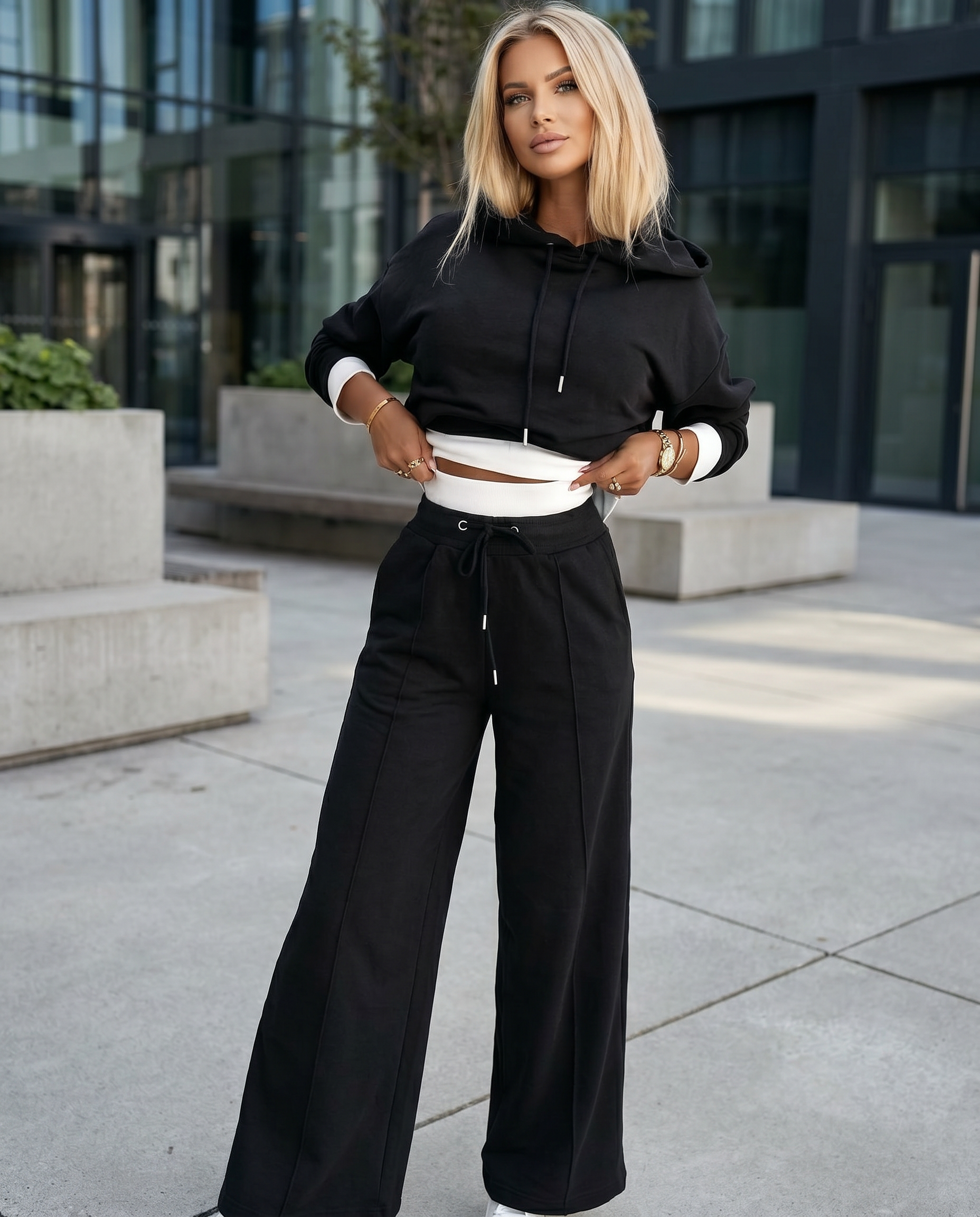 Women's Lounge Set Black Cotton Blend Hoodie Wide Leg Pants Relaxed Fit — Image 2