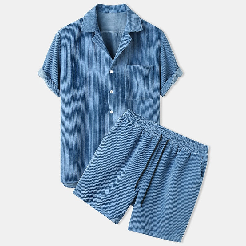 Men's Waffle Knit Lounge Set Cotton Blend Short Sleeve Shirt and Shorts — Image 3