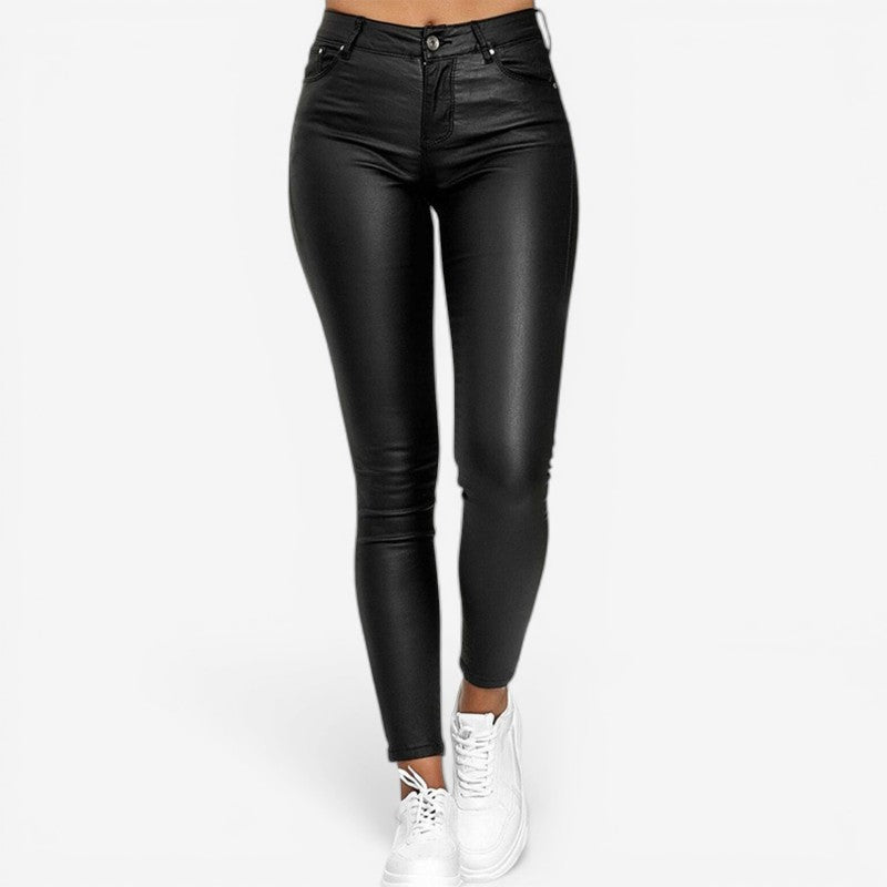 Women's Faux Leather Skinny Pants High-Waist Stretch Slim Fit Trousers Black, Red, Blue — Image 3