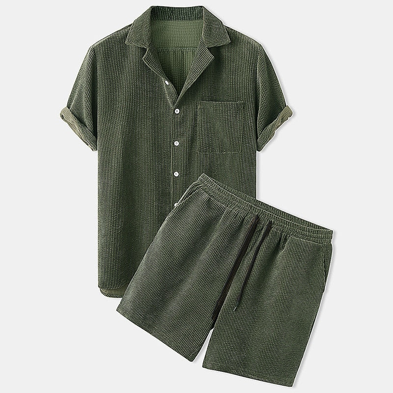 Men's Waffle Knit Lounge Set Cotton Blend Short Sleeve Shirt and Shorts — Main Image