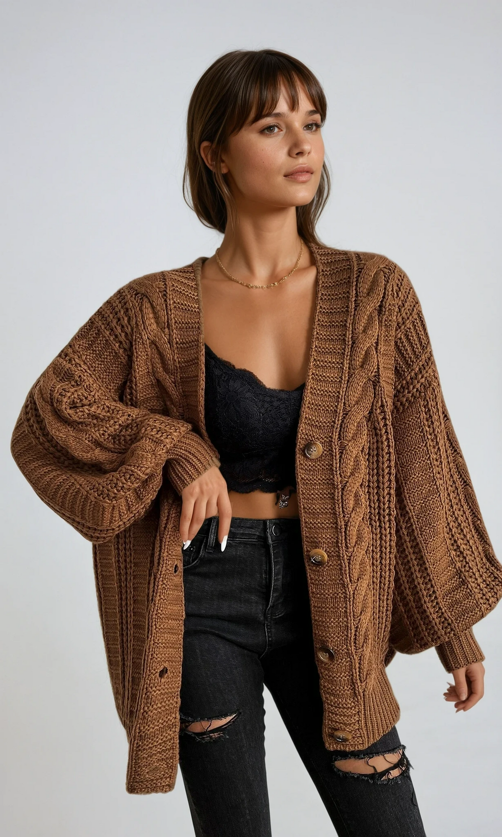 Women's Oversized Cable Knit Cardigan Sweater Brown Acrylic Button Front Long Sleeve — Main Image