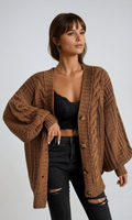 Women's Oversized Cable Knit Cardigan Sweater Brown Acrylic Button Front Long Sleeve — Main Image