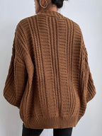 Women's Oversized Cable Knit Cardigan Sweater Brown Acrylic Button Front Long Sleeve — Image 2