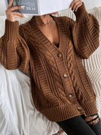 Women's Oversized Cable Knit Cardigan Sweater Brown Acrylic Button Front Long Sleeve — Image 3