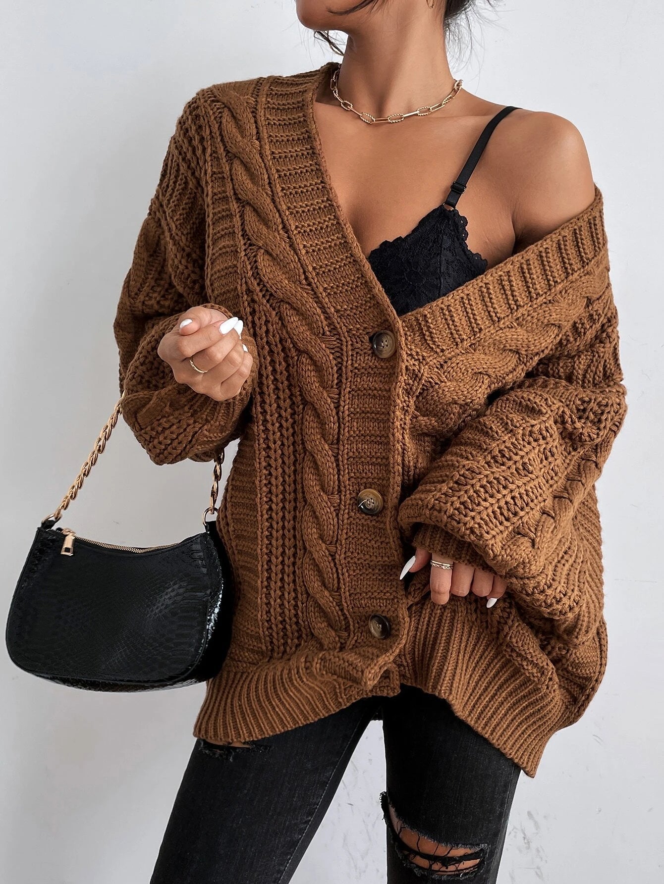 Women's Oversized Cable Knit Cardigan Sweater Brown Acrylic Button Front Long Sleeve — Image 4