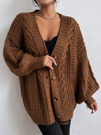 Women's Oversized Cable Knit Cardigan Sweater Brown Acrylic Button Front Long Sleeve — Image 5